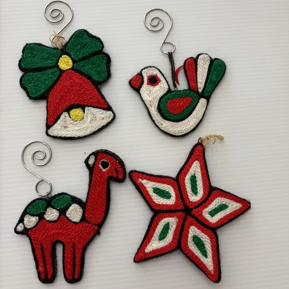 Vintage 70s Needlepoint Christmas Ornaments Llama Bell Star Bird
